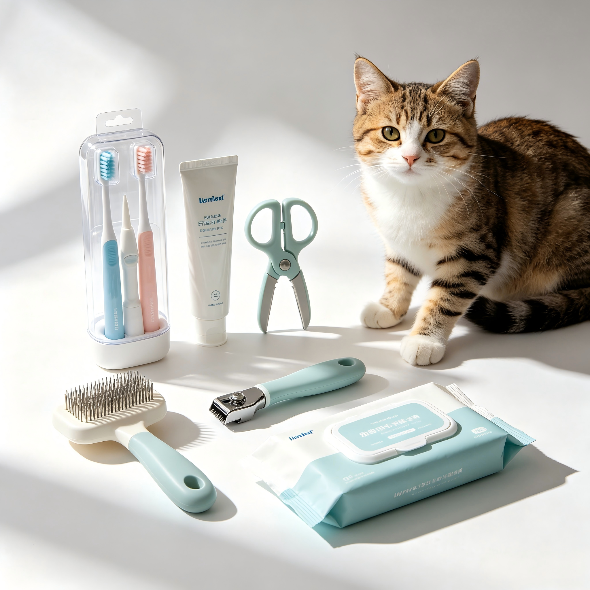 Complete Cat Grooming & Health Care Kit, Dental Care, Comb, Nail Scissors, Cleaning Wipes Set