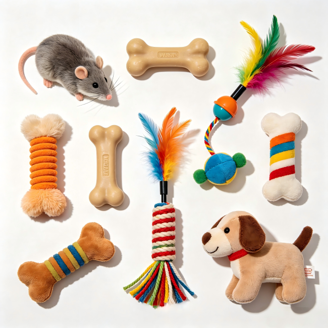 Universal Pet Toy Variety Bundle for Cats and Dogs, Mixed Chew, Feather, Rope & Plush Toys Set