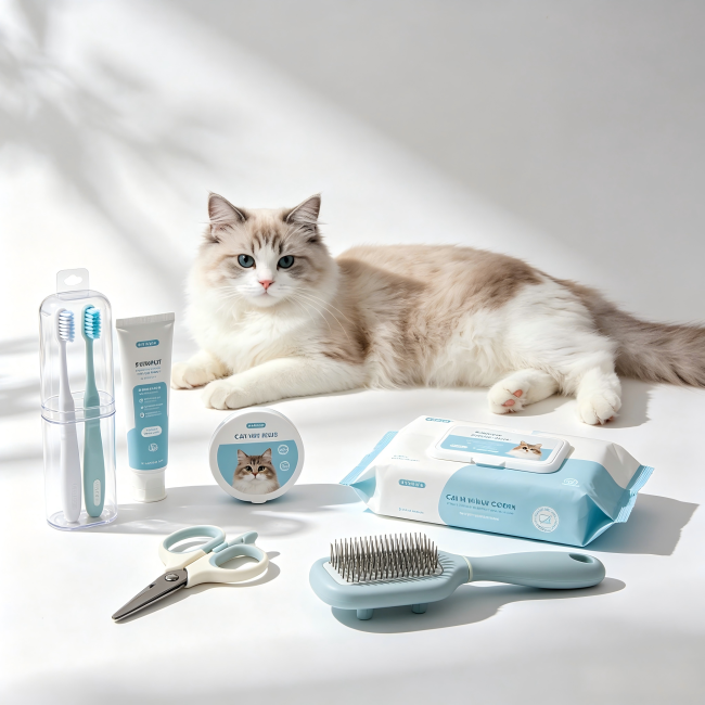 Complete Cat Grooming & Health Care Kit, Dental Care, Comb, Nail Scissors, Cleaning Wipes Set
