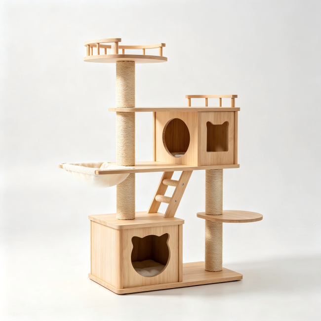 Multi-Level Wooden Cat Tree Tower with Sisal Scratching Posts & Cat Condo